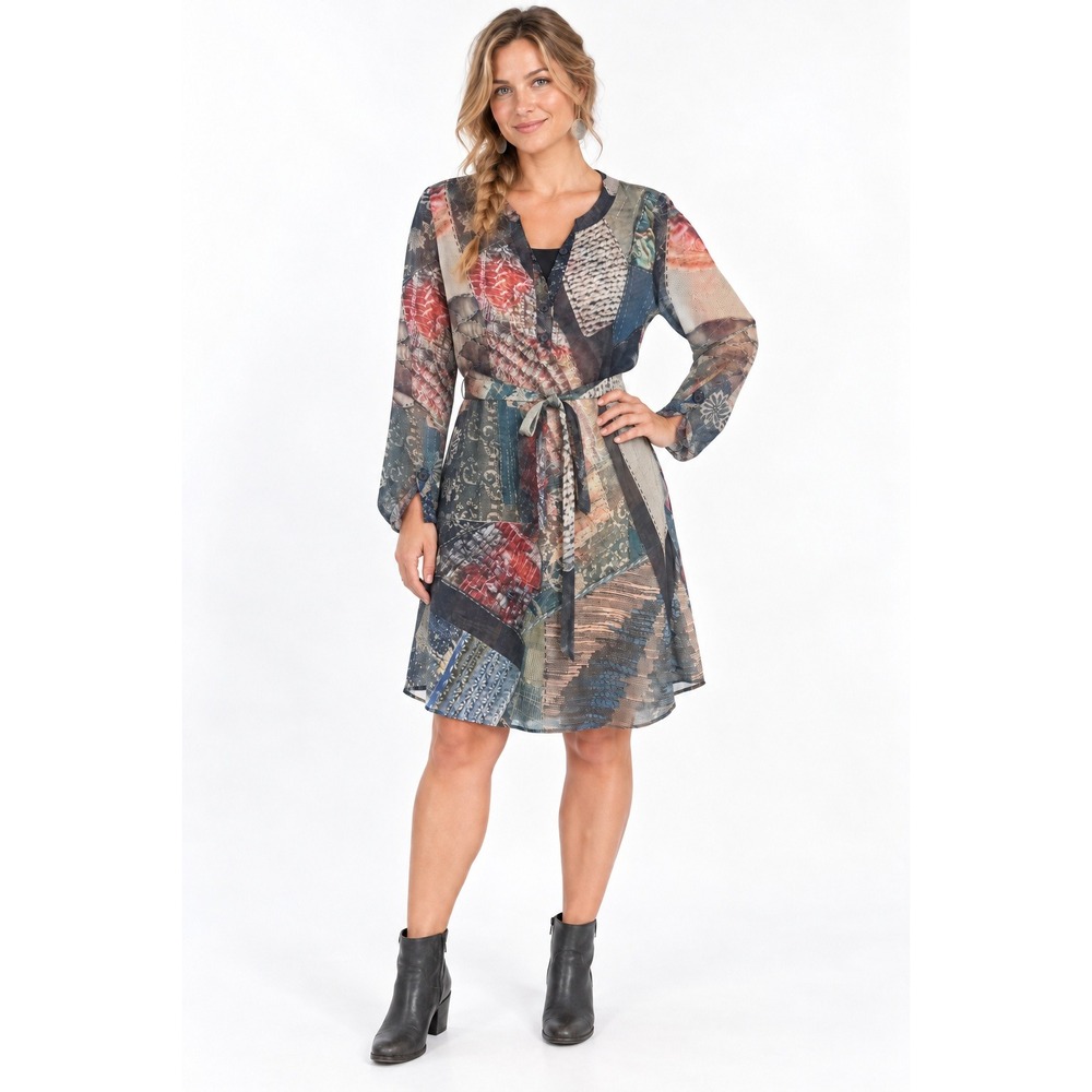 Patchwork Print Sheer Tunic Dress XL Multicolor Tie Waist Artsy Boho Lagenlook